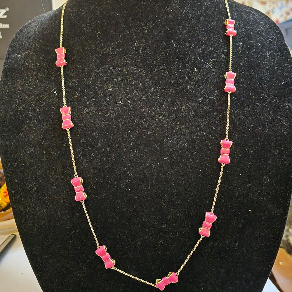 Kate Spade Pink Enamel Bow Gold Plated Chain Necklace 32"